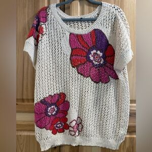 Caroline Biss Floral Knit Short Sleeve Sweater in Cream EU 44, US 12 Large